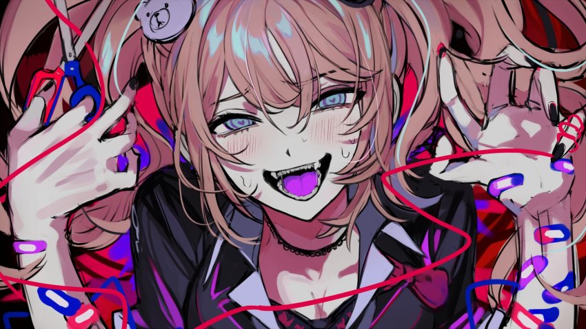 1girl bandaid bear_hair_ornament black_bra black_choker black_nails black_shirt bow bra breasts choker colored_tongue danganronpa:_trigger_happy_havoc danganronpa_(series) enoshima_junko fangs hair_between_eyes hair_ornament hands_up heart heart-shaped_pupils highres holding holding_scissors large_breasts looking_at_viewer muuyiie nail_polish open_mouth pink_background portrait purple_tongue red_bow scissors shirt smile solo symbol-shaped_pupils teeth twintails underwear