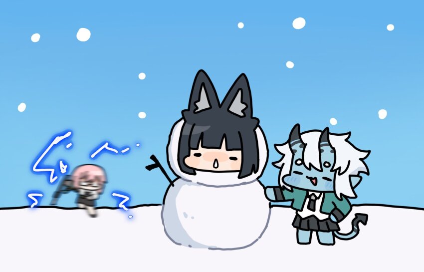 3girls animal_ears black_hair blue_skin blunt_bangs chibi colored_skin commentary english_commentary fox_ears fox_girl hair_between_eyes holding holding_weapon hoshimi_miyabi lightning long_hair multiple_girls oni outdoors running sea_skull short_hair sidelocks snow snowing soukaku_(zenless_zone_zero) tsukishiro_yanagi weapon white_hair zenless_zone_zero