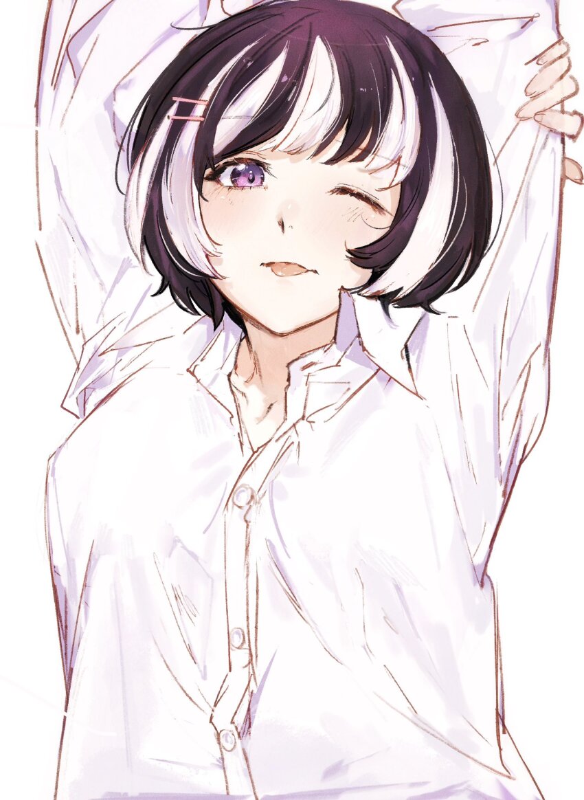 1girl :p arms_behind_head arms_up black_hair blush bob_cut breasts collared_shirt commentary dress_shirt eyelashes hair_ornament hairclip hand_on_own_arm hanekawa_tsubasa highres large_breasts light_blush looking_at_viewer loose_hair_strand moku_(muooku) monogatari_(series) multicolored_hair nekomonogatari_white purple_eyes shirt short_hair simple_background solo streaked_hair stretching striped_hair tongue tongue_out two-tone_hair upper_body white_background white_hair white_shirt