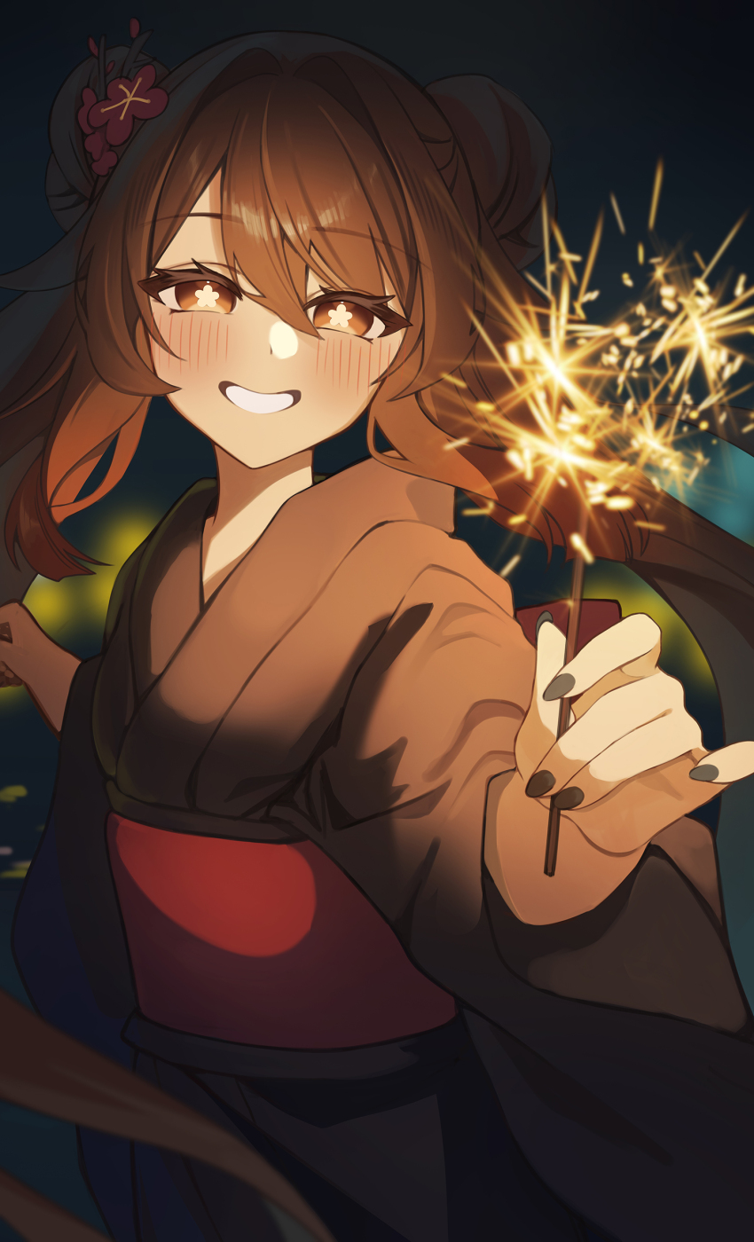 1girl absurdres alternate_costume black_nails breasts brown_hair brown_kimono commentary fireworks flower flower-shaped_pupils genshin_impact gya_(144) hair_between_eyes hair_flower hair_ornament highres holding holding_fireworks hu_tao_(genshin_impact) japanese_clothes kimono long_hair long_sleeves looking_at_viewer medium_breasts red_eyes smile sparkler symbol-only_commentary symbol-shaped_pupils twintails very_long_hair