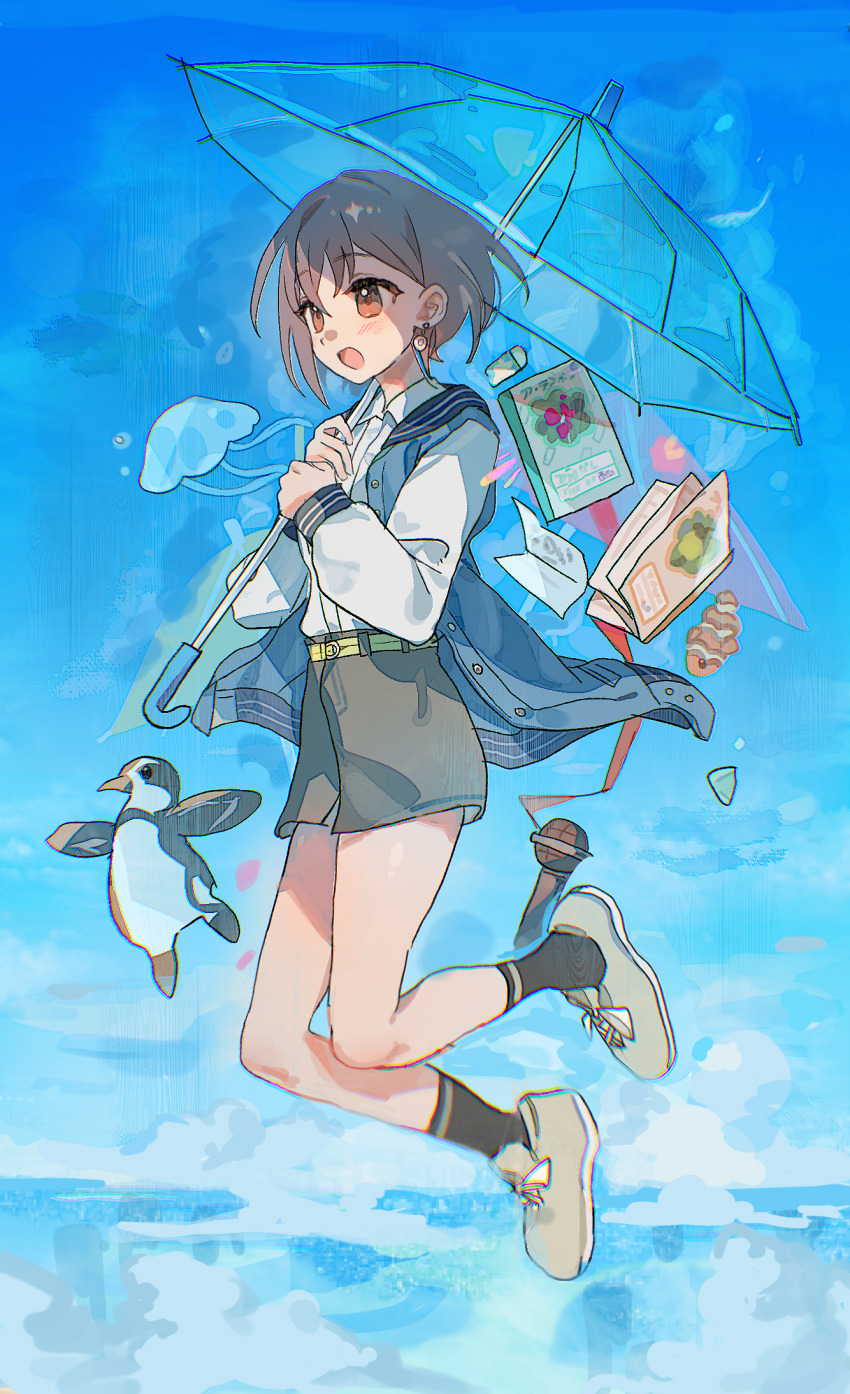 1girl ankle_socks bang_dream! bang_dream!_it&#039;s_mygo!!!!! belt belt_buckle bird black_skirt black_socks blue_jacket blue_sky book brown_footwear brown_hair buckle buttons chinese_commentary collared_shirt commentary_request day denim denim_jacket denim_skirt dress_shirt earrings eraser floating floating_clothes full_body highres holding holding_umbrella jacket jellyfish jewelry knees long_sleeves looking_ahead microphone miniskirt notebook ocean open_book open_clothes open_jacket open_mouth orange_eyes outdoors penguin shirt shoes short_hair skirt sky sleeveless sleeveless_jacket sneakers socks solo takamatsu_tomori transparent transparent_umbrella umbrella umbrella_over_shoulder white_shirt yellow_belt ziyouguojiangsanwenzhi