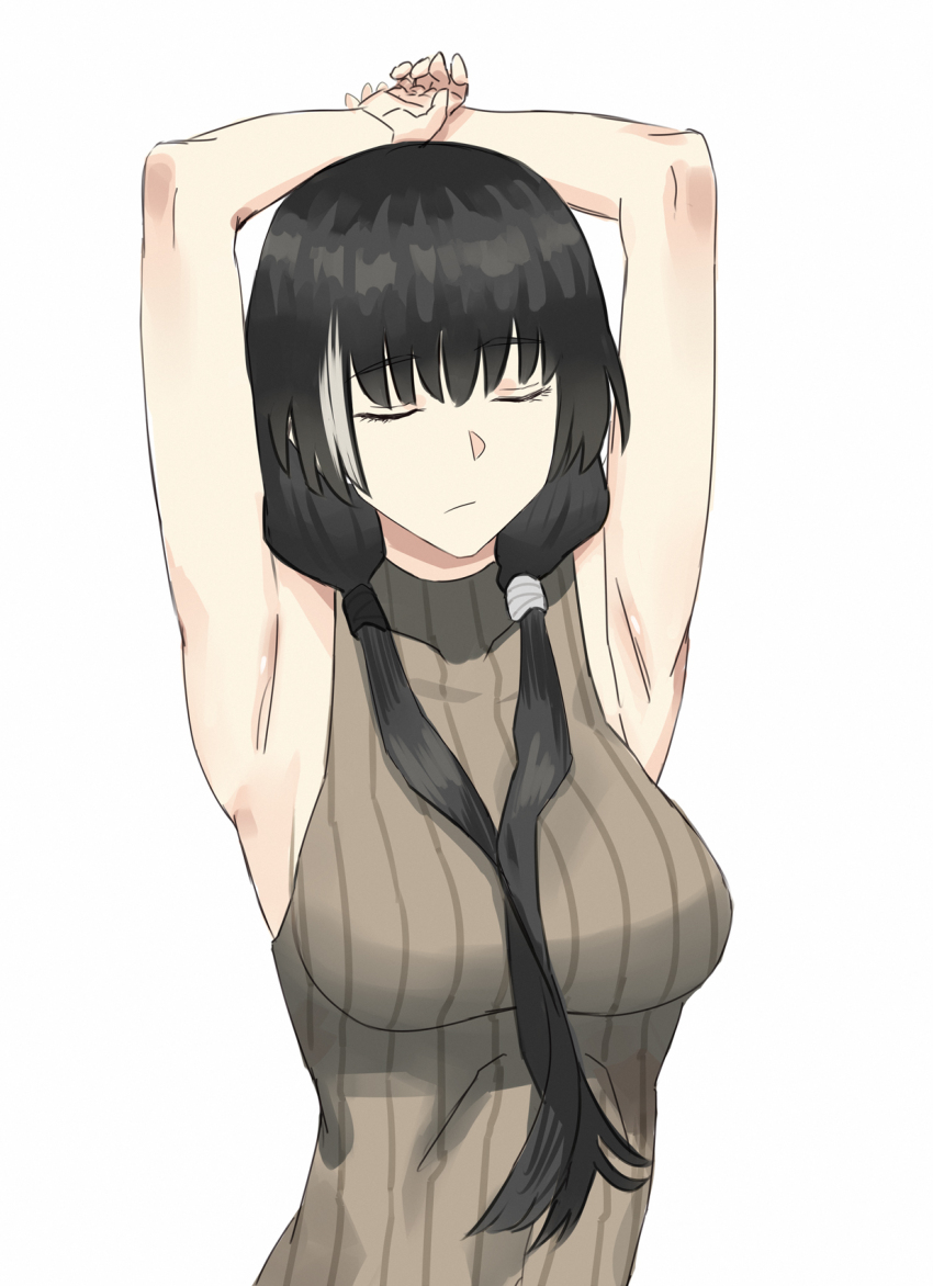 1girl armpits arms_behind_head arms_up asakiri_koko black_hair breasts closed_eyes girls&#039;_frontline highres large_breasts long_hair multicolored_hair ro635_(girls&#039;_frontline) simple_background solo streaked_hair upper_body white_background white_hair