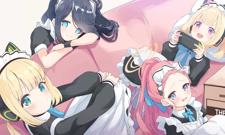 4girls :3 :d animal_ear_headphones animal_ears apron aris_(blue_archive) aris_(maid)_(blue_archive) black_hair black_skirt black_wrist_cuffs blonde_hair blue_archive blue_bow blue_bowtie blue_eyes blue_ribbon blunt_bangs blush bow bowtie box bright_pupils cardboard_box cat_ears closed_mouth commentary couch dutch_angle fake_animal_ears forehead frilled_apron frills game_development_department_(blue_archive) green_eyes grey_eyes hair_ribbon handheld_game_console hands_on_own_knees head_tilt headphones highres holding holding_handheld_game_console kanikama_acedia knees_up long_hair long_sleeves looking_at_viewer lying maid maid_apron maid_headdress medium_hair midori_(blue_archive) midori_(maid)_(blue_archive) momoi_(blue_archive) momoi_(maid)_(blue_archive) multiple_girls neck_ribbon nintendo_switch official_alternate_costume official_alternate_hairstyle on_back on_couch open_mouth ponytail puffy_long_sleeves puffy_short_sleeves puffy_sleeves red_eyes red_hair ribbon ringed_eyes short_sleeves side_ponytail sidelocks simple_background sitting skirt smile split_mouth tareme teeth upper_teeth_only v-shaped_eyebrows v_arms wavy_mouth white_apron white_background white_pupils wrist_cuffs yuzu_(blue_archive) yuzu_(maid)_(blue_archive)