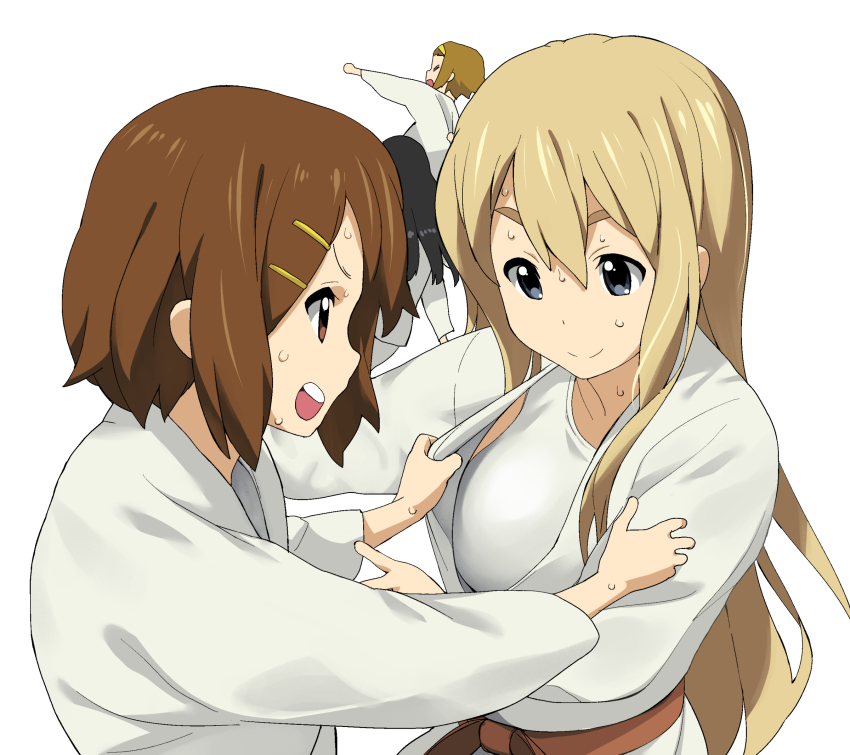 4girls a1_(initial-g) akiyama_mio belt black_hair blonde_hair blue_eyes brown_eyes brown_hair closed_eyes dougi eyebrows hair_ornament hairband hairclip highres hirasawa_yui ho-kago_tea_time judo judogi judoka k-on! kotobuki_tsumugi long_hair martial_arts_belt multiple_girls open_mouth profile punching short_hair simple_background smile sweat tainaka_ritsu