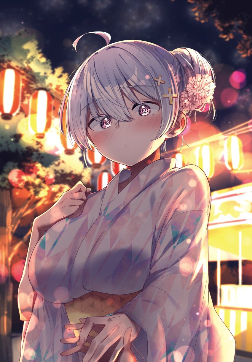 1girl @_@ ahoge backlighting blush breasts closed_mouth commentary_request flower hair_between_eyes hair_bun hair_flower hair_ornament hand_on_own_chest highres hiwamura_hiyori holding_hands japanese_clothes kamio_fukuchi kimono lantern large_breasts looking_at_viewer market_stall night obi paper_lantern pink_kimono pov pov_hands sash solo summer_festival upper_body white_hair x_hair_ornament yellow_sash yowa_yowa_sensei yukata