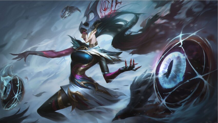 1girl black_hair closed_mouth commentary coven_syndra cowboy_shot english_commentary fingernails fog from_side hair_ornament highres incoming_attack league_of_legends long_hair looking_ahead magic official_alternate_costume official_alternate_hairstyle official_art outstretched_arm purple_eyes sharp_fingernails solo syndra