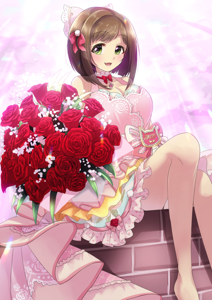 bouquet bow bowtie breasts brick_wall brown_hair cleavage dress fangs flower frilled_dress frilled_skirt frills hair_bow hair_ribbon highres idolmaster idolmaster_cinderella_girls idolmaster_cinderella_girls_starlight_stage large_breasts maekawa_miku pink_bow pink_dress pink_ribbon ribbon rose skirt solo swepot