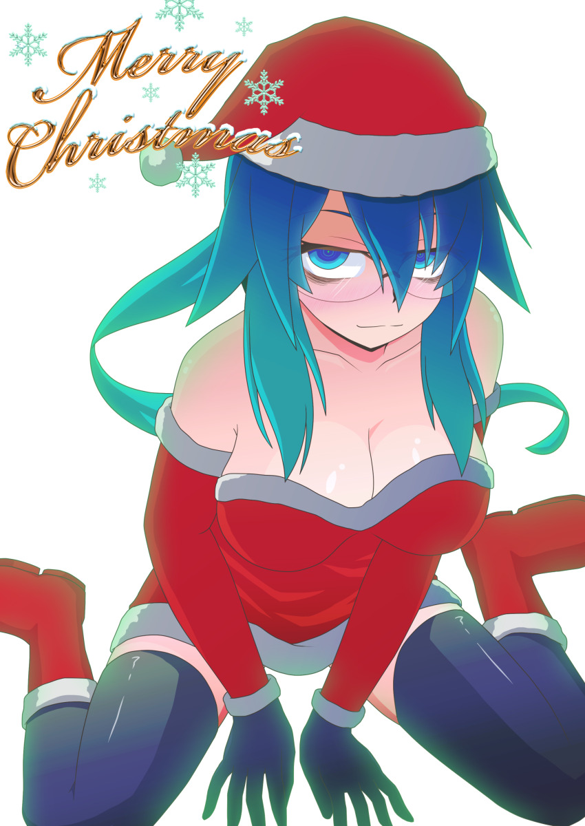 1girl absurdres aqua_hair bags_under_eyes bare_shoulders black_gloves black_thighhighs blue_hair blush boots breasts cleavage commentary_request detached_sleeves dress es_(shinda_hitomi) eyebrows_hidden_by_hair glasses gloves gradient_hair hair_between_eyes hat highres large_breasts merry_christmas multicolored_hair original red_footwear santa_dress santa_hat short_dress sitting smile solo strapless strapless_dress thighhighs wariza