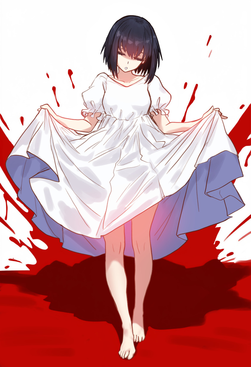 1girl barefoot black_hair blood breasts choker closed_eyes collarbone dress ebora feet full_body highres kuonji_alice large_breasts mahou_tsukai_no_yoru open_mouth puffy_short_sleeves puffy_sleeves short_hair short_sleeves solo toes variant_set white_background white_dress