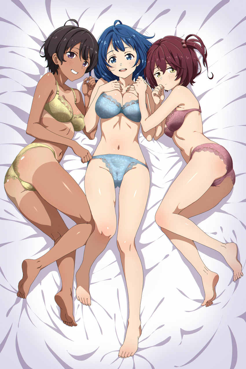 3girls absurdres ass barefoot black_hair blue_eyes blue_hair blush breasts cameltoe collarbone feet full_body highres komari_chika large_breasts lhofi lingerie looking_at_viewer lying make_heroine_ga_oo_sugiru! matching_hair/eyes medium_breasts multiple_girls navel on_back on_side open_mouth purple_eyes red_hair short_sidetail smile soles tan tanline toes underwear underwear_only yakishio_lemon yanami_anna yellow_eyes