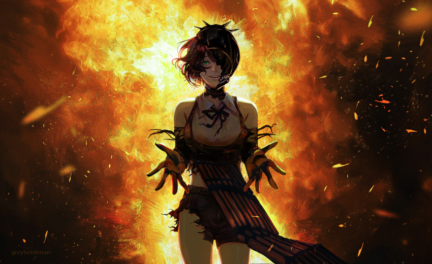 absurdres black_hair blue_eyes bomb_devil_(chainsaw_man) chainsaw_man fire greybookman highres reze_(chainsaw_man) shorts torn_clothes torn_shorts