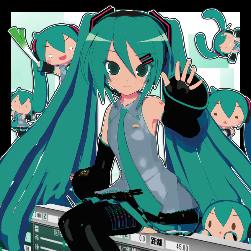 1girl 2girls 3d absurdres animasa_model_(mikumikudance) aqua_eyes aqua_hair blush chibi commentary detached_sleeves english_commentary food hachune_miku hair_ornament hat hatsune_miku headphones highres holding holding_food holding_spring_onion holding_vegetable kio_(majin_kz) long_hair long_sleeves looking_at_viewer mikumikudance mikumikudance_(medium) multiple_girls multiple_persona necktie open_mouth shirt skirt sleeveless smile spring_onion twintails vegetable very_long_hair vocaloid