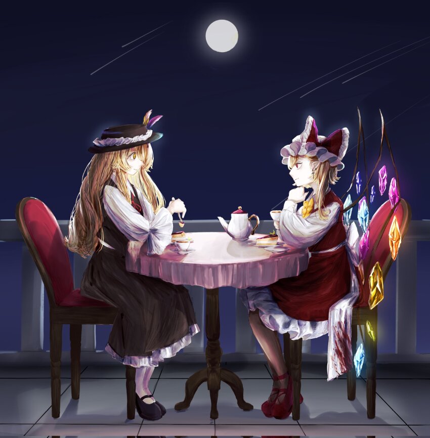 2girls black_footwear black_hat black_pantyhose blonde_hair bow breasts brown_skirt brown_vest closed_mouth collared_shirt crystal_wings cup dolls_in_pseudo_paradise fedora full_body full_moon happy hat hat_bow hat_feather highres jacket_girl_(dipp) label long_hair long_sleeves mary_janes medium_breasts mob_cap moon multiple_girls night night_sky pantyhose puffy_sleeves red_eyes red_footwear red_skirt red_vest shirt shoes shooting_star sitting skirt sky smile socks spoonoishii teacup teapot touhou very_long_hair vest white_hat white_socks yellow_eyes