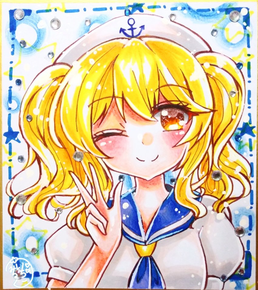 anchor artist_request blonde_hair blue_neckwear blue_sailor_collar blush hat highres kitashirakawa_chiyuri one_eye_closed puffy_short_sleeves puffy_sleeves sailor sailor_collar sailor_hat short_sleeves smile solo touhou touhou_(pc-98) twintails uniform upper_body v yellow_eyes