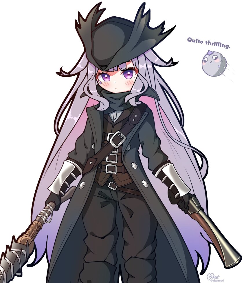 1girl antique_firearm black_coat black_hat black_pants bloodborne blunderbuss coat cosplay dual_wielding firearm gun hat highres holding holding_weapon hololive hololive_english hunter_(bloodborne) hunter_(bloodborne)_(cosplay) jewel_under_eye koseki_bijou light_blush long_hair looking_at_viewer pants pebble_(koseki_bijou) purple_eyes purple_hair shutowl solo tricorne very_long_hair virtual_youtuber weapon