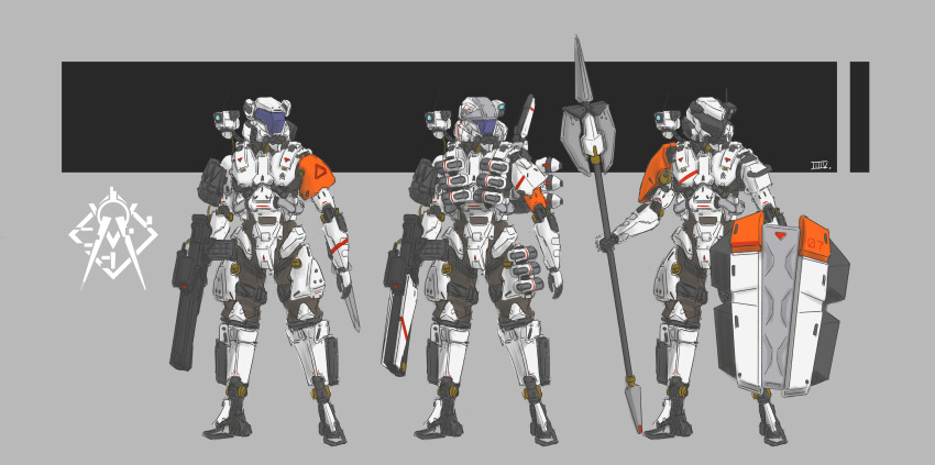 34composite 3others absurdres armor assault_visor full_armor full_body girls&#039;_frontline gun highres machine_gun multiple_others paradeus polearm power_armor science_fiction shield shoulder_armor signature spear standing strelet_(girls&#039;_frontline) weapon