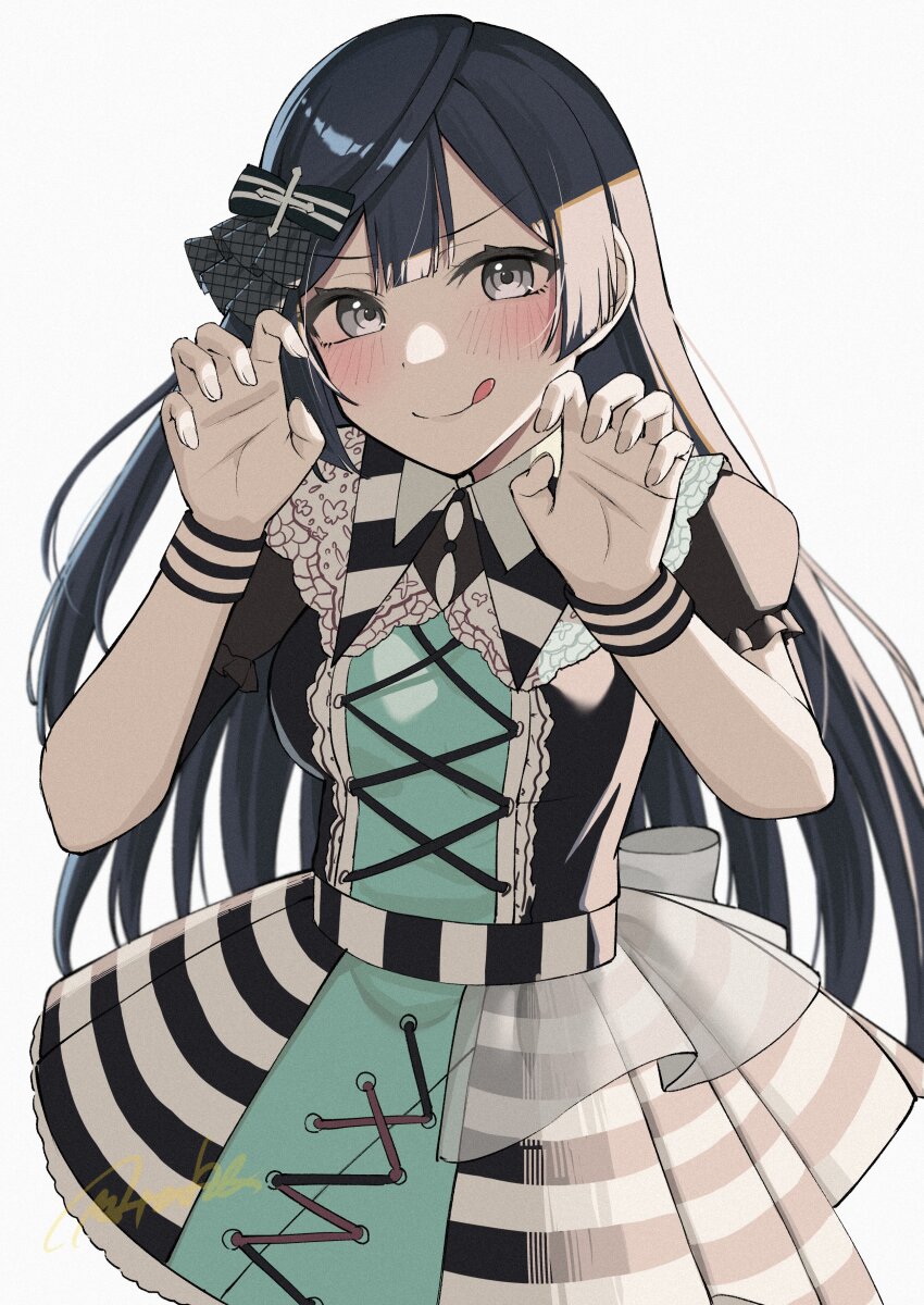 1girl :q absurdres aqua_dress black_dress black_hair black_ribbon blush claw_pose closed_mouth cowboy_shot cross-laced_clothes cross-laced_dress dress grey_eyes hair_ribbon highres long_hair looking_at_viewer love_live! love_live!_nijigasaki_high_school_idol_club masami_atabe maze_town_(love_live!) multicolored_clothes multicolored_dress official_alternate_costume one_side_up puffy_short_sleeves puffy_sleeves ribbon short_sleeves simple_background smile solo split_mouth tongue tongue_out v-shaped_eyebrows white_background white_dress yuki_setsuna