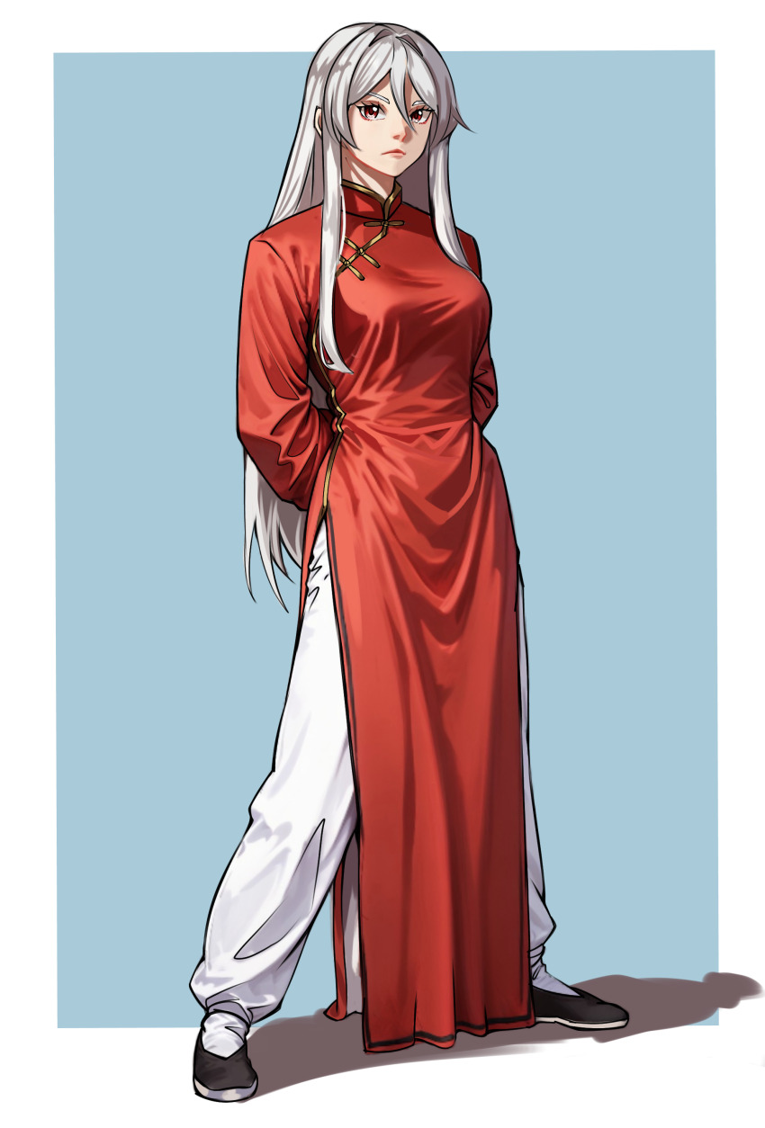 1girl absurdres arms_behind_back changpao china_dress chinese_clothes dress highres kokoro_no_koibito kung_fu martial_arts monk original red_dress red_eyes self-upload shaolin_monk solo standing white_hair