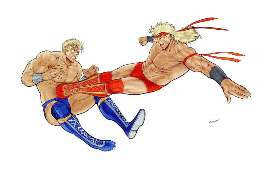 2boys abs aleksey_zalazof angry armband bare_pectorals blonde_hair blue_eyes blue_footwear blue_shorts boots clenched_hand commentary commission cross-laced_footwear drop_kick english_commentary fighting floating flying_kick headband highres kicking knee_boots knee_pads lucky_colt male_focus micro_shorts mullet multiple_boys muscular muscular_male pectorals red_armband red_footwear red_headband red_shorts saturday_night_slam_masters shorts simple_background steven_mack twitter_username white_background wrestling wrestling_outfit wristband