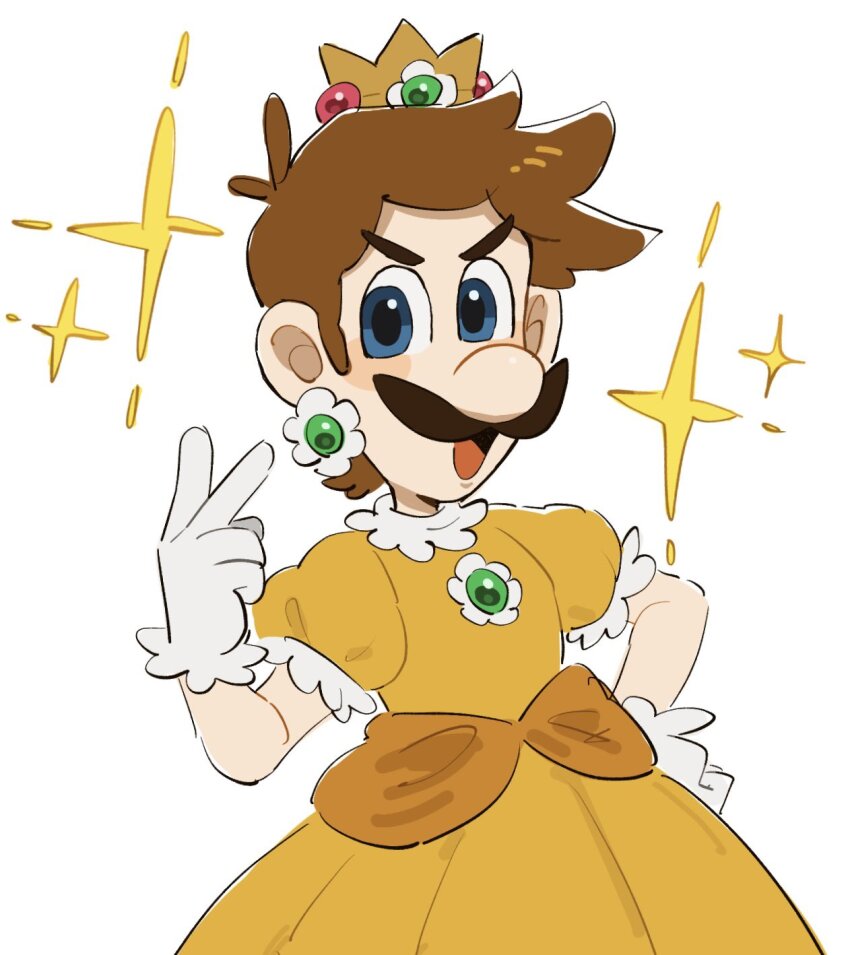 1boy blonde_hair blue_eyes brown_hair cosplay crossdressing crown dress earrings facial_hair gloves highres jewelry looking_at_viewer luigi male_focus mario_(series) mimimi_(mimimim9999) mustache nintendo open_mouth princess_daisy princess_daisy_(cosplay) short_hair smile solo v white_gloves