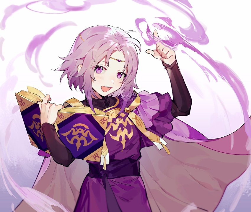 1boy blush book cape circlet elley226 fire_emblem fire_emblem:_the_sacred_stones fire_emblem_heroes highres holding holding_book looking_at_viewer lyon_(fire_emblem) magic nintendo open_mouth purple_eyes purple_hair smile solo teeth upper_body upper_teeth_only aged_down