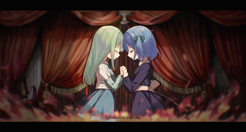 2girls absurdres aged_down bang_dream! bang_dream!_it&#039;s_mygo!!!!! blue_dress blue_hair closed_eyes commentary cowboy_shot curtains dress english_commentary face-to-face facing_another fire from_side green_hair highres holding_hands letterboxed long_hair long_sleeves multiple_girls profile short_hair sidelocks spotlight standing therisnow togawa_sakiko two_side_up wakaba_mutsumi