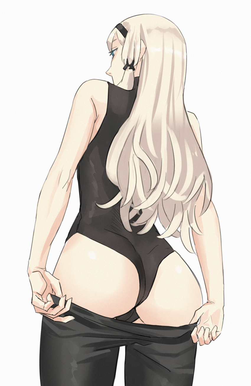 1girl an-94_(girls&#039;_frontline) aqua_eyes asakiri_koko ass back back_focus blonde_hair blue_eyes braid cameltoe from_behind girls&#039;_frontline hairband highres leotard long_hair removing_pants sidelocks simple_background white_background