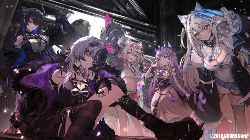 5girls :d animal_ears arm_up asymmetrical_horns asymmetrical_legwear bird black_choker black_corset black_dress black_footwear black_gloves black_hair black_jacket black_socks black_thighhighs black_vest blonde_hair blue_eyes blue_hair blue_hairband boots breasts brown_thighhighs chest_jewel choker circlet claw_(weapon) cleavage_cutout closed_mouth clothing_cutout collared_shirt colored_inner_animal_ears colored_inner_hair commentary_request copyright_notice corset cropped_shirt crossed_bangs crow crystal_horns demon_horns detached_collar detached_sleeves dog_ears dog_girl dog_tail double-parted_bangs dress dress_shirt fake_horns fang feather-trimmed_jacket fishnet_socks fishnet_thighhighs fishnets flower fur-trimmed_jacket fur_trim fuwawa_abyssgard fuwawa_abyssgard_(1st_costume) gem gloves gradient_hair grey_hair hair_between_eyes hair_ornament hairband hand_on_own_knee hand_up headphones headphones_around_neck highres holoadvent hololive hololive_english horn_flower horns jacket jewel_under_eye koseki_bijou koseki_bijou_(1st_costume) large_breasts leaning_forward long_hair looking_at_viewer midriff mismatched_legwear mococo_abyssgard mococo_abyssgard_(1st_costume) multicolored_hair multiple_girls navel nerissa_ravencroft nerissa_ravencroft_(1st_costume) off_shoulder official_art open_mouth pink_eyes pink_hair pink_hairband platform_boots platform_footwear purple_eyes purple_gemstone purple_hair red_eyes ribbed_shirt shadow_(nerissa_ravencroft) shiori_novella shiori_novella_(1st_costume) shirt short_dress short_hair shoulder_cutout siblings single_detached_sleeve single_thighhigh sisters sitting skin_fang sleeveless sleeveless_dress smile socks split-color_hair strapless strapless_dress streaked_hair striped_clothes striped_thighhighs tail thighhighs tsumeki twins two_side_up uneven_horns very_long_hair vest virtual_youtuber weapon white_dress white_shirt wide_sleeves yellow_eyes yorick_(shiori_novella)