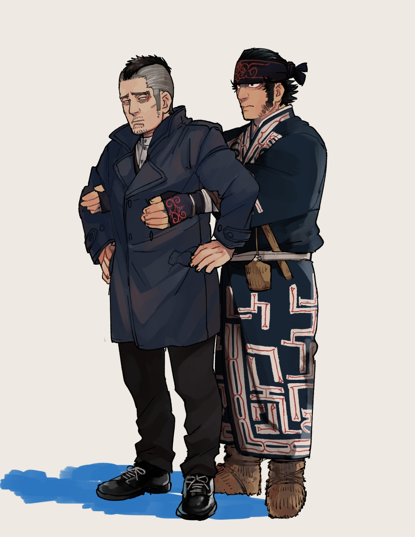 2boys absurdres ainu_clothes black_eyes black_hair blue_coat blue_kimono coat commentary_request facial_hair full_body golden_kamuy headband highres hug hug_from_behind japanese_clothes kadokura_(golden_kamuy) kimono kirawus_(golden_kamuy) long_sideburns long_sleeves male_focus mohawk multiple_boys s10125 short_hair sideburns standing stubble