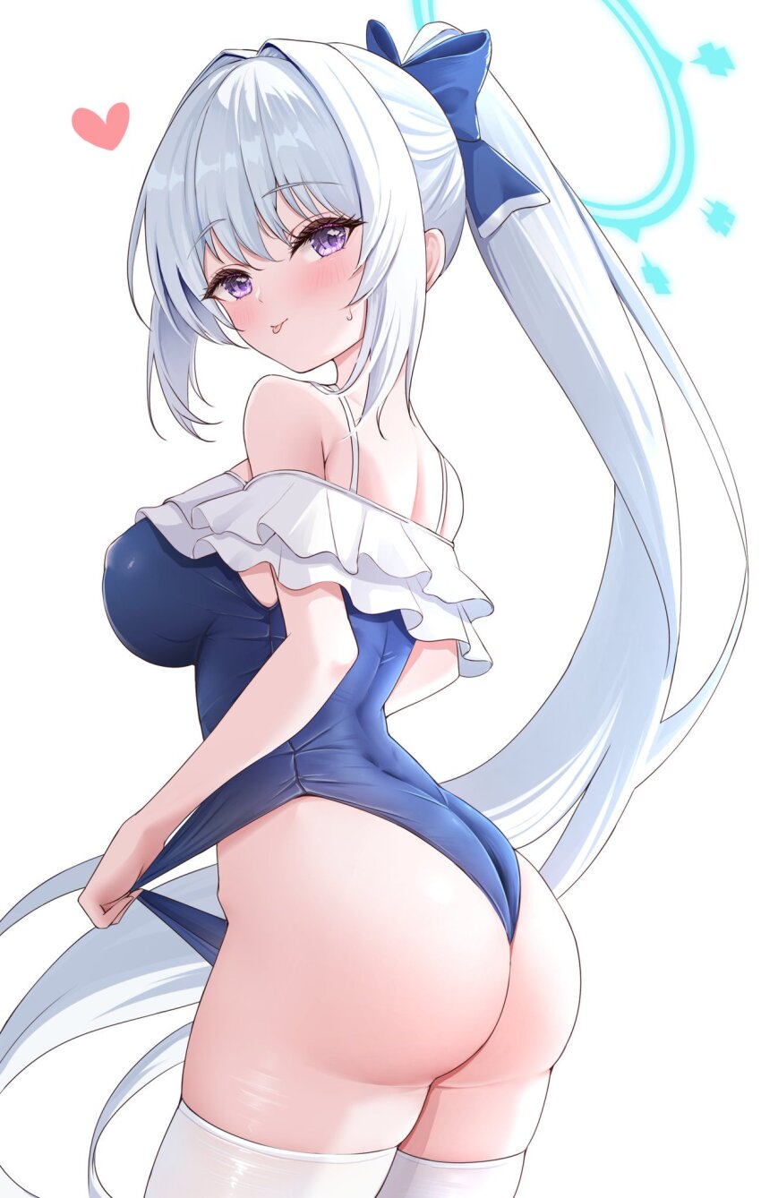 1girl ass balut_(7676i) bare_shoulders blue_archive blue_bow blue_halo blue_one-piece_swimsuit blush bow breasts casual_one-piece_swimsuit come_hither frilled_one-piece_swimsuit frills from_behind hair_between_eyes hair_bow hair_intakes hair_over_shoulder halo happy heart highres huge_ass large_breasts long_hair looking_at_viewer looking_back miyako_(blue_archive) miyako_(swimsuit)_(blue_archive) naughty_face off-shoulder_one-piece_swimsuit off_shoulder official_alternate_costume official_alternate_hairstyle one-piece_swimsuit ponytail purple_eyes sidelocks smile strap_slip swimsuit symbol-shaped_pupils tongue tongue_out very_long_hair white_background white_hair