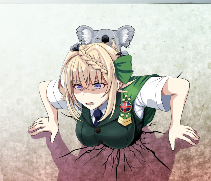 1girl 1other animal blonde_hair blouse blue_neckwear braid braided_bangs braided_bun buttons cape commentary_request crack cracked_wall green_cape green_vest hair_bun highres kantai_collection koala necktie open_mouth perth_(kancolle) purple_eyes shaded_face shirt short_hair short_sleeves stuck through_wall tk8d32 trapped vest white_shirt