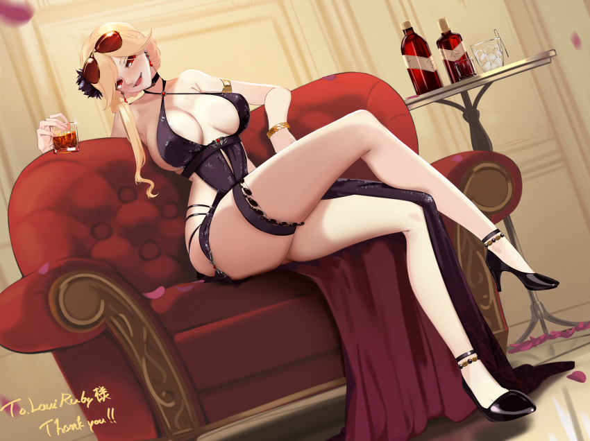 1girl absurdres alcohol black_dress black_footwear blonde_hair bottle bracelet breasts breasts_apart commentary commission couch cup dress drinking_glass eyewear_on_head falling_petals full_body girls&#039;_frontline hair_ornament high_heels highres holding holding_cup indoors jewelry liquor liquor_bottle long_hair looking_at_viewer m2hb_(girls&#039;_frontline) official_alternate_costume ohc. on_couch open_mouth petals red_eyes shoes sitting skeb_commission skindentation smile solo sunglasses table thank_you thigh_strap