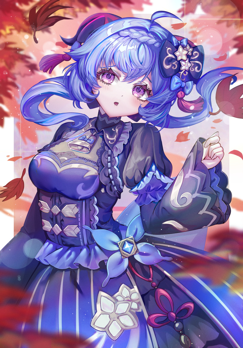 1girl :o absurdres ahoge alternate_costume autumn_leaves bell black_dress blue_bow blue_gemstone blue_hair bow breasts commentary_request cowbell cowboy_shot dress falling_leaves floating_hair ganyu_(genshin_impact) gem genshin_impact goat_horns hair_bow hair_ornament hand_up highres horns kozou_kazaru leaf light_blue_hair light_blush lolita_fashion long_hair long_sleeves looking_at_viewer maple_leaf medium_breasts neck_bell purple_eyes solo tassel tassel_hair_ornament very_long_hair wide_sleeves