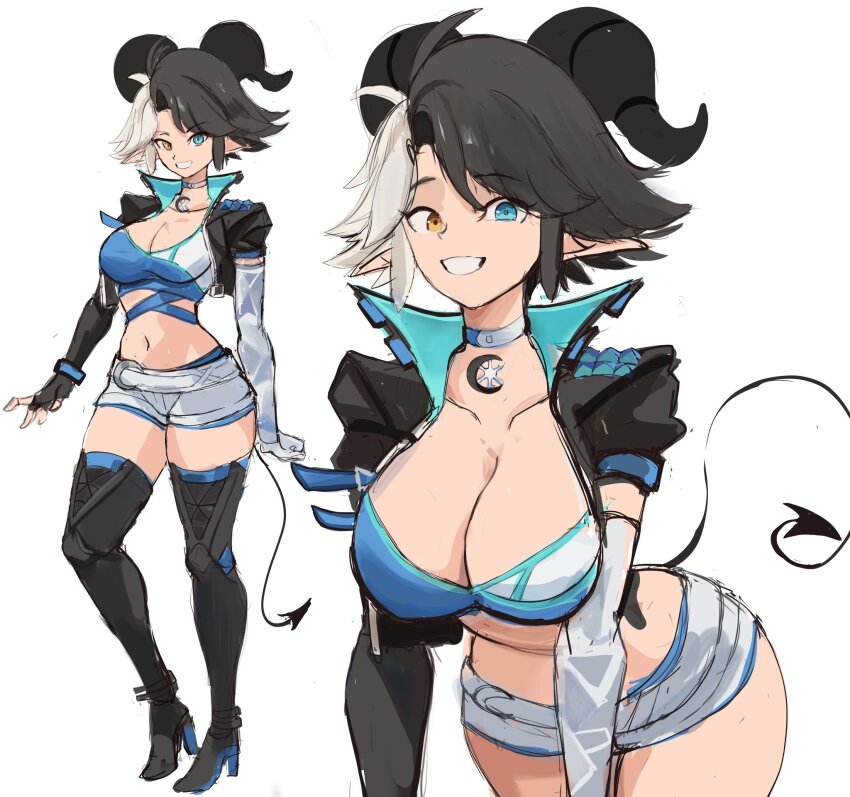 1girl black_hair black_horns blonde_hair blue_eyes boots borrowed_character breasts cleavage cosplay demon_girl demon_horns demon_tail heterochromia highres horns jacket large_breasts leaning_forward looking_at_viewer luna_snow luna_snow_(cosplay) marvel marvel_rivals midriff multicolored_hair multiple_views navel original pointy_ears rakeemspoon short_hair short_shorts shorts simple_background smile solo susan_(rakeemspoon) tail thigh_boots two-tone_hair white_background yellow_eyes