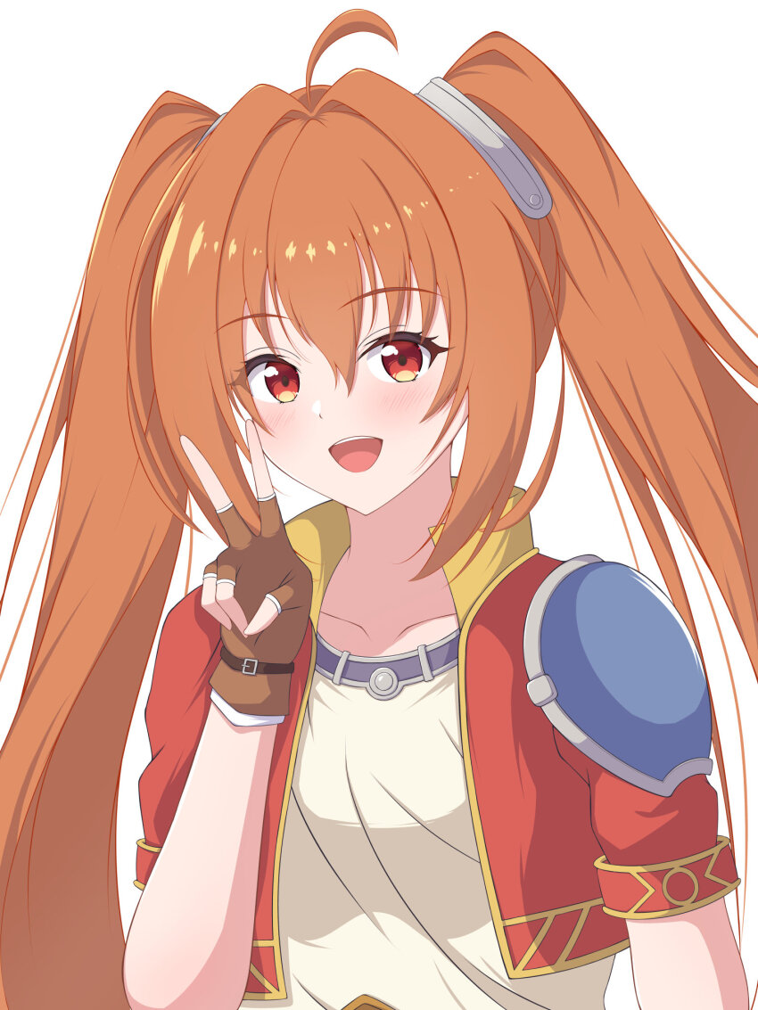 1girl ahoge antenna_hair breasts brown_gloves brown_hair cropped_jacket double-parted_bangs eiyuu_densetsu fingerless_gloves gloves hair_between_eyes hajimari_no_kiseki highres long_hair looking_at_viewer mayuto_illust open_mouth portrait red_eyes sen_no_kiseki sen_no_kiseki_(series) sen_no_kiseki_iv simple_background small_breasts smile solo sora_no_kiseki twintails upper_body v white_background