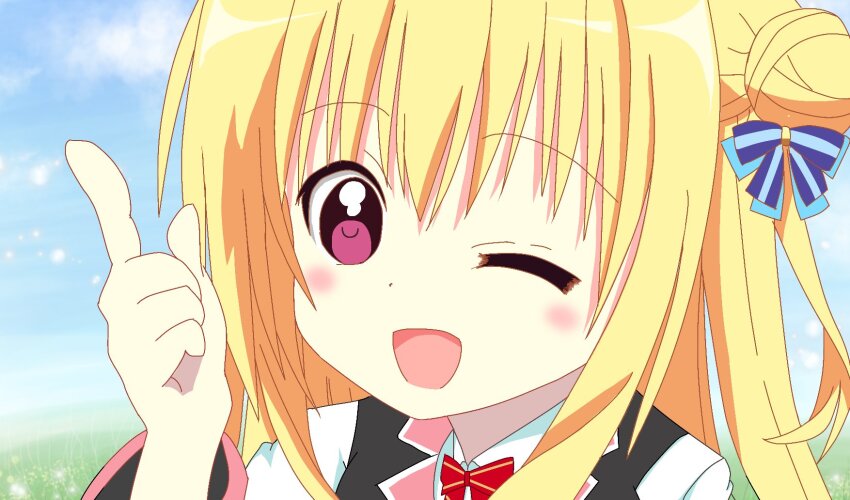 1girl ;d blonde_hair blue_bow blush bow bowtie close-up commentary_request day eyes_visible_through_hair hair_between_eyes hair_bow hair_bun hamidashi_creative hand_up highres index_finger_raised izumi_hiyori long_hair looking_at_viewer one_eye_closed one_side_up open_mouth outdoors parody red_bow red_bowtie red_eyes school_uniform single_side_bun smile solo style_parody tareme user_gvej3378 yuru_yuri