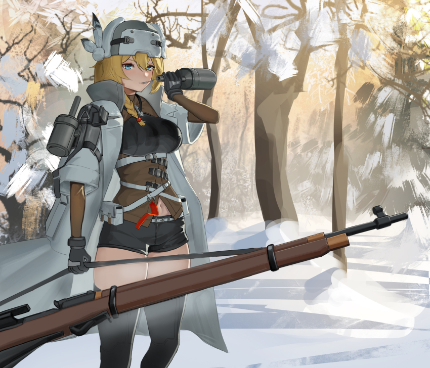 1girl aoi_wakashi_chiyo black_shorts black_thighhighs blonde_hair blue_eyes bolt_action braid coat explosive framed_breasts fur_hat girls&#039;_frontline grenade grenade_pin grenade_pin_in_mouth gun handgun hat highres holding holding_grenade mosin-nagant mosin-nagant_(girls&#039;_frontline) mouth_hold nagant_m1895 navel papakha revolver rifle short_shorts shorts single_braid thighhighs ushanka weapon white_coat