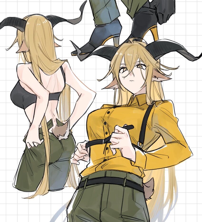 1girl animal_ears arknights bare_shoulders black_bra black_footwear black_horns blonde_hair bra brown_tail buttons collared_shirt crossed_bangs curled_horns degenbrecher_(arknights) dress_shirt dressing green_pants grid grid_background hair_between_eyes high_heels highres horns long_bangs long_hair long_sleeves multiple_views no_shirt pants parted_lips shirt shoes tail underwear very_long_hair white_background yakota_(usuk-yako) yellow_eyes yellow_shirt