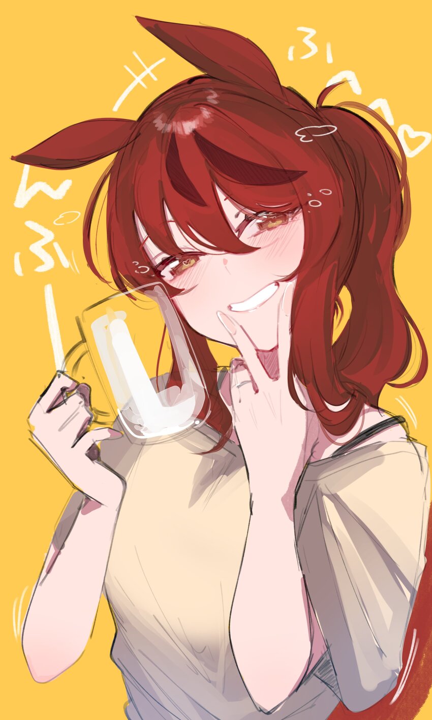 1girl absurdres animal_ears arlcn_(arlcn_1115) beer_mug black_eyeliner bra_strap breasts brown_eyes brown_hair cup eyeliner glass_mug head_tilt highres holding holding_cup horse_ears horse_girl large_breasts long_hair looking_at_viewer makeup mug multicolored_hair nice_nature_(umamusume) off-shoulder_shirt off_shoulder ponytail shirt short_sleeves sidelocks simple_background smile solo streaked_hair umamusume v_over_mouth yellow_background yellow_shirt