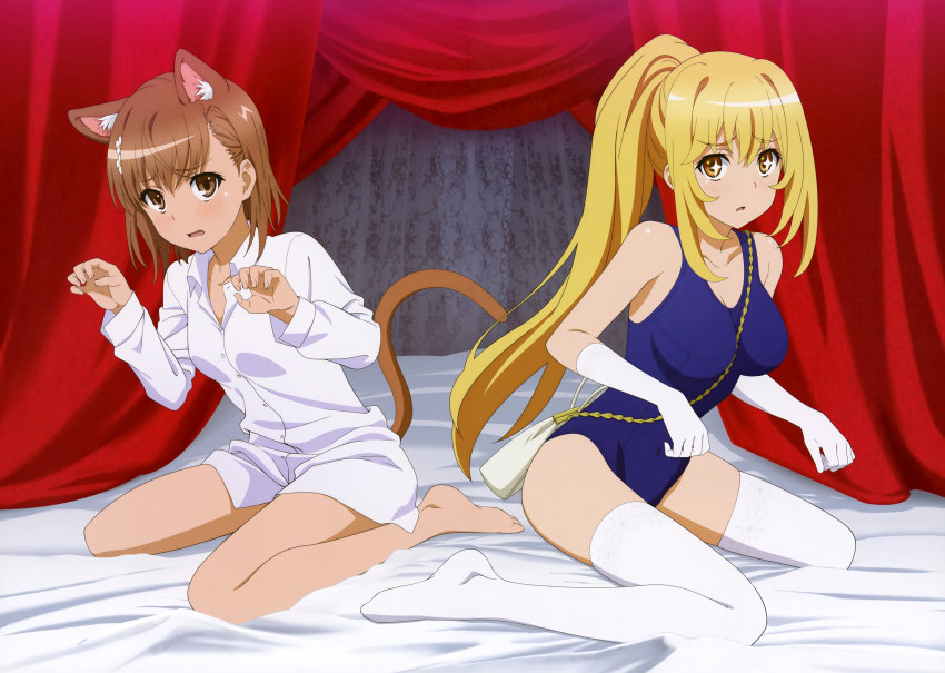 2girls absurdres alternate_hairstyle animal_ear_fluff animal_ears bag bare_legs barefoot bed bed_sheet between_breasts blonde_hair blue_one-piece_swimsuit breasts breasts_apart brown_eyes brown_hair canopy_bed cat_ears cat_girl cat_tail collarbone collared_shirt dress_shirt elbow_gloves embarrassed floating_hair full_body gloves handbag highres indoors kemonomimi_mode long_hair long_sleeves looking_at_viewer medium_breasts misaka_mikoto multiple_girls naked_shirt on_bed one-piece_swimsuit open_mouth paw_pose school_swimsuit shirt shokuhou_misaki short_hair swimsuit symbol-shaped_pupils tail thighhighs toaru_kagaku_no_railgun toaru_kagaku_no_railgun_t toaru_majutsu_no_index very_long_hair wavy_mouth white_gloves white_legwear white_shirt wing_collar yoshida_yuuko_(animator)