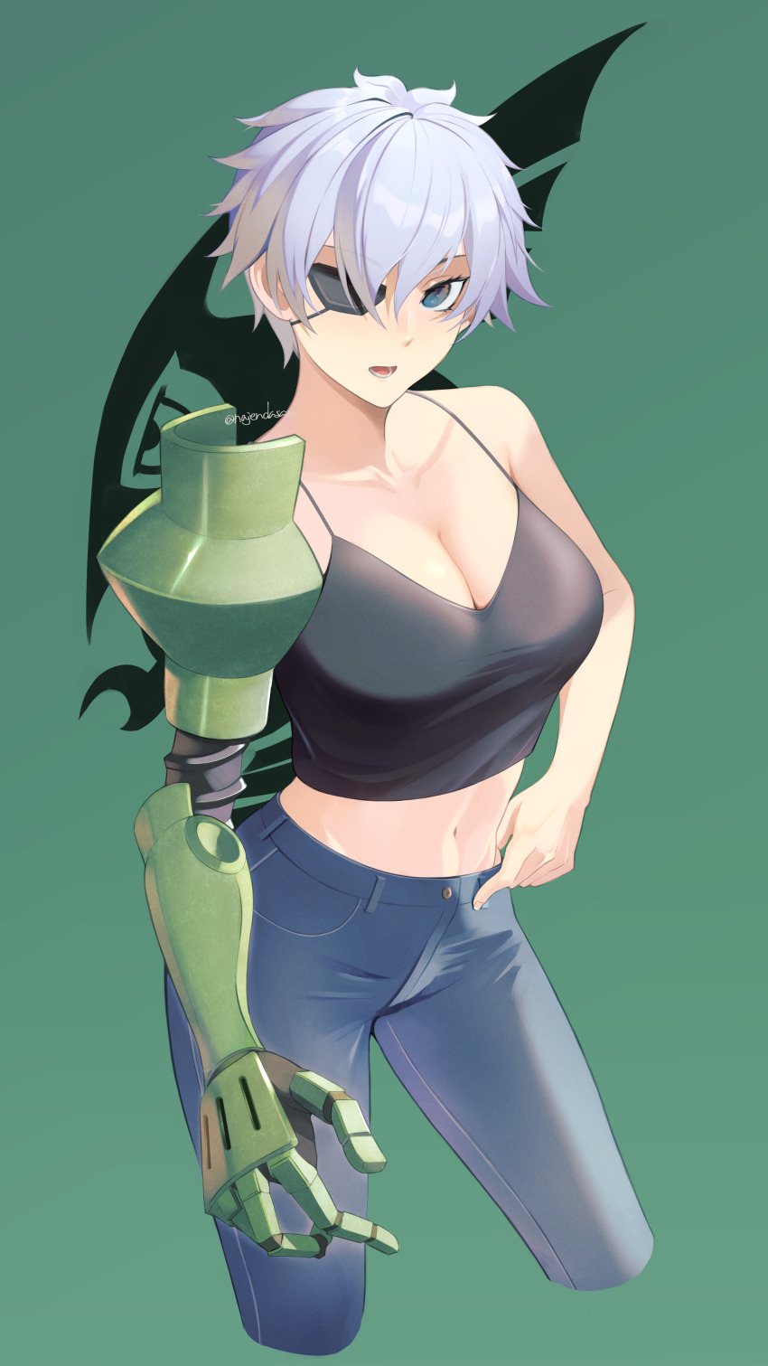 1girl abs absurdres akame_ga_kill! artist_name bare_shoulders belly breasts collarbone curvy denim eyepatch female_focus green_background hand_on_own_hip highres jeans large_breasts logo looking_at_viewer mechanical_arms najenda najendasan navel open_mouth pants prosthesis prosthetic_arm purple_eyes short_hair shorts simple_background solo sports_bra sportswear standing stomach teeth tomboy tongue white_hair