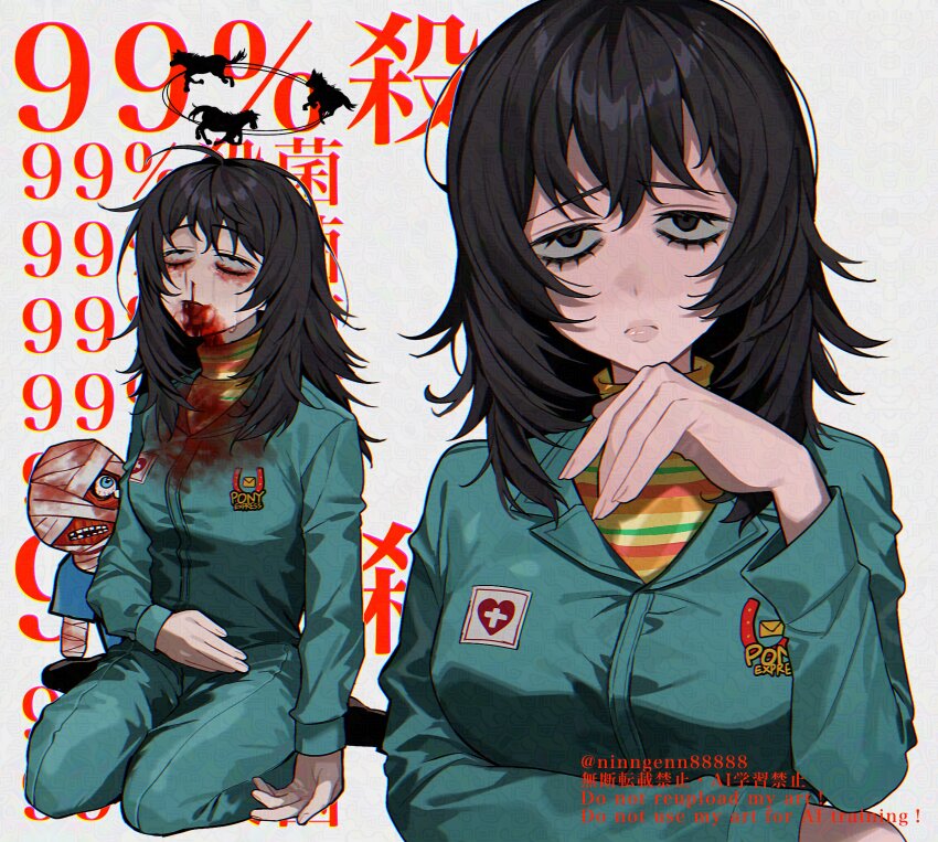 1boy 1girl absurdres anya_(mouthwashing) bandaged_head bandages black_eyes black_hair blood blue_eyes blue_jumpsuit breasts curly_(mouthwashing) highres jumpsuit long_hair long_sleeves looking_at_viewer medium_hair mouthwashing ninngenn88888 shirt simple_background striped_clothes