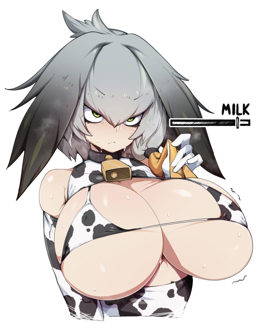 1girl absurdres animal_print bare_shoulders bell bikini blonde_hair bouncing_breasts breasts closed_mouth clothing_cutout commentary cow_print cowbell cropped_torso english_commentary english_text gameplay_mechanics gloves gradient_hair green_eyes grey_hair hair_between_eyes hand_up highres holding holding_own_hair huge_breasts kemono_friends light_frown micro_bikini motion_lines multicolored_hair neck_bell shoebill_(kemono_friends) skindentation slider slugbox solo strap_gap string_bikini sweat swimsuit transformation underboob upper_body v-shaped_eyebrows white_gloves