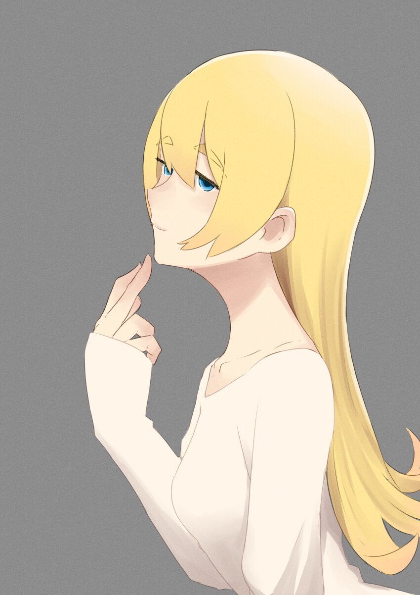 1girl absurdres blonde_hair blue_eyes breasts collarbone flying_witch grey_background hair_between_eyes hand_up highres ishizuka_chihiro long_hair looking_to_the_side medium_breasts official_art profile shiina_anzu_(flying_witch) simple_background solo upper_body