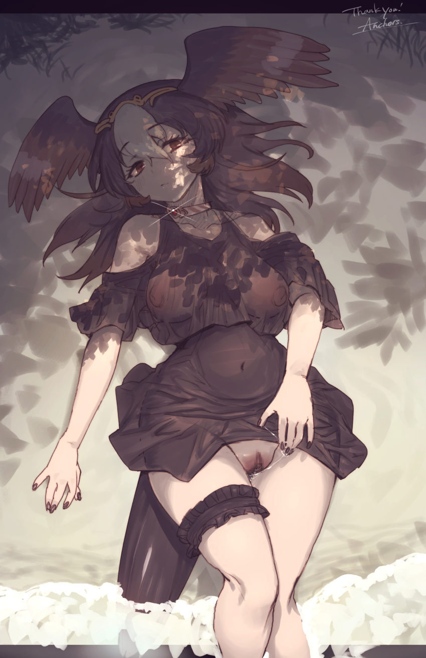 1girl absurdres anchors_(mono_eye_os) bare_shoulders beach bird_girl bird_tail bird_wings brown_eyes brown_hair dress feathered_wings frills hair_ornament head_wings highres jewelry kemono_friends long_hair looking_at_viewer nail_polish necklace outdoors pussy solo striated_caracara_(kemono_friends) tail wings