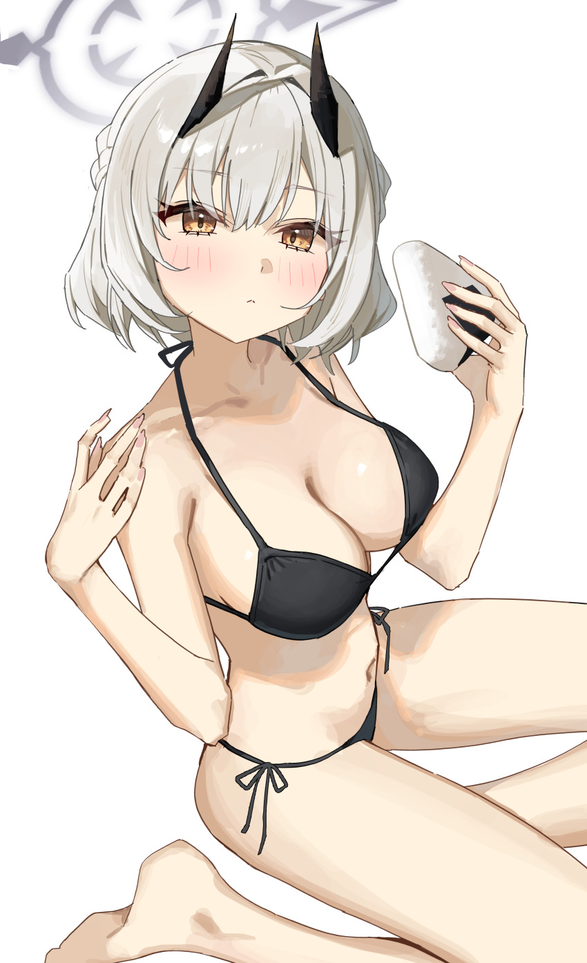 1girl absurdres bare_arms bare_legs bare_shoulders bikini black_bikini black_horns blue_archive blush breasts closed_mouth demon_horns food grey_hair grey_halo halo highres holding holding_food horns large_breasts looking_at_viewer onigiri sena_(blue_archive) short_hair simple_background solo swimsuit syhan white_background yellow_eyes