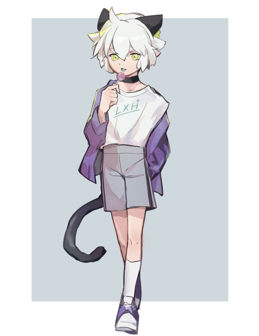 1boy absurdres animal_ears black_choker blue_tongue border candy cat_boy cat_ears cat_tail choker colored_tongue food green_eyes grey_background grey_shorts highres holding holding_candy holding_food jacket lollipop luo_xiaohei luo_xiaohei_(human) luo_xiaohei_zhanji print_shirt purple_jacket shirt shoes short_hair shorts socks solatky solo tail white_border white_hair white_shirt white_socks