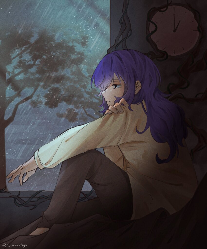 1girl absurdres asahina_mafuyu black_pants blue_eyes clock closed_mouth film_grain frown hair_down highres holding_own_arm kanonondayo knee_up long_hair long_sleeves night night_sky pants project_sekai purple_hair rain shirt sitting sky solo tree twitter_username window yellow_shirt