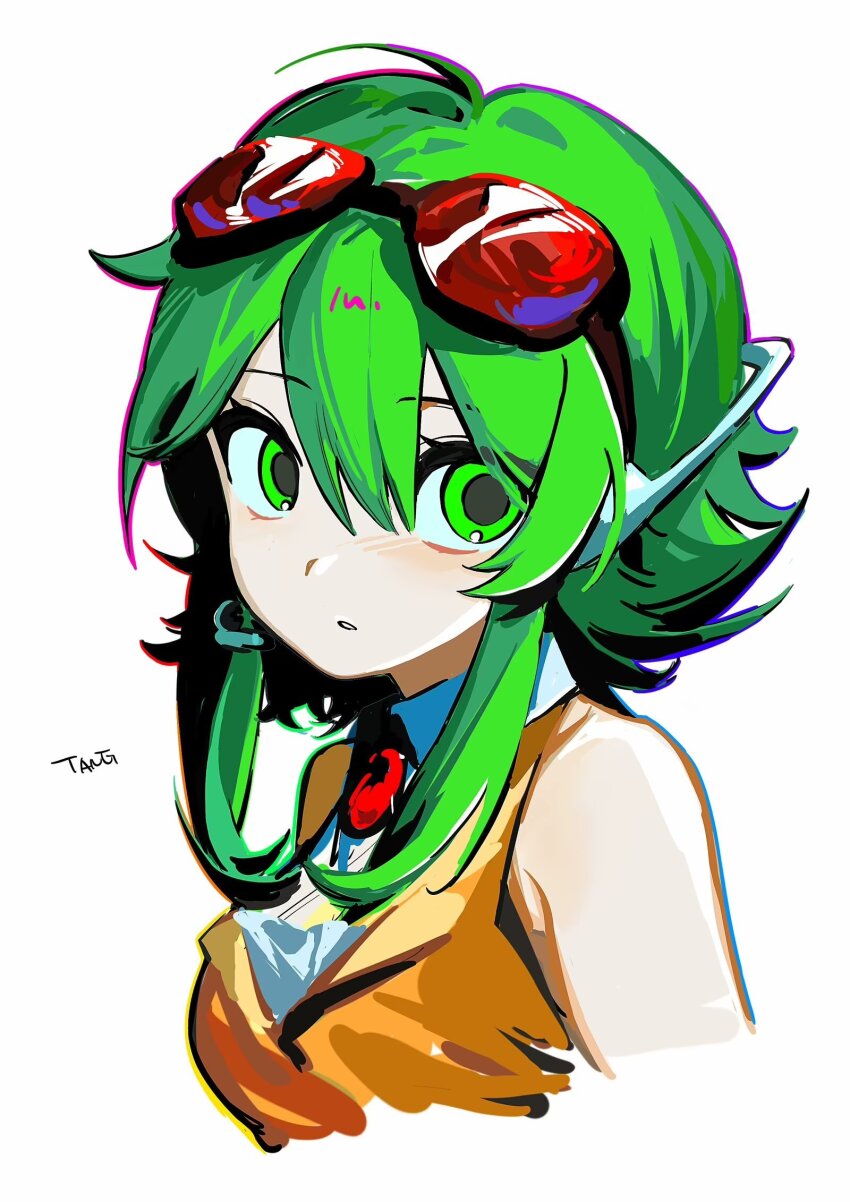 1girl ahoge artist_name bare_shoulders brooch cropped_torso goggles goggles_on_head green_eyes green_hair gumi headphones highres jewelry looking_to_the_side orange_shirt parted_lips red_goggles shirt short_hair_with_long_locks sidelocks sleeveless sleeveless_shirt solo tanglaoban1225 upper_body vocaloid white_background