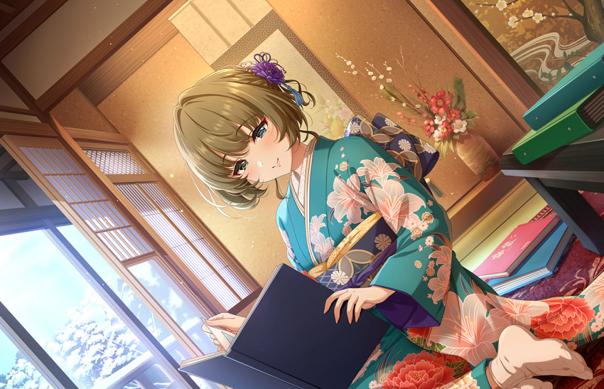 1girl architecture blue_eyes book brown_hair east_asian_architecture flower game_cg green_eyes green_kimono heterochromia holding idolmaster idolmaster_cinderella_girls idolmaster_cinderella_girls_starlight_stage japanese_clothes kimono official_art on_floor open_book plant potted_plant railing smile socks solo table takagaki_kaede tatami tree